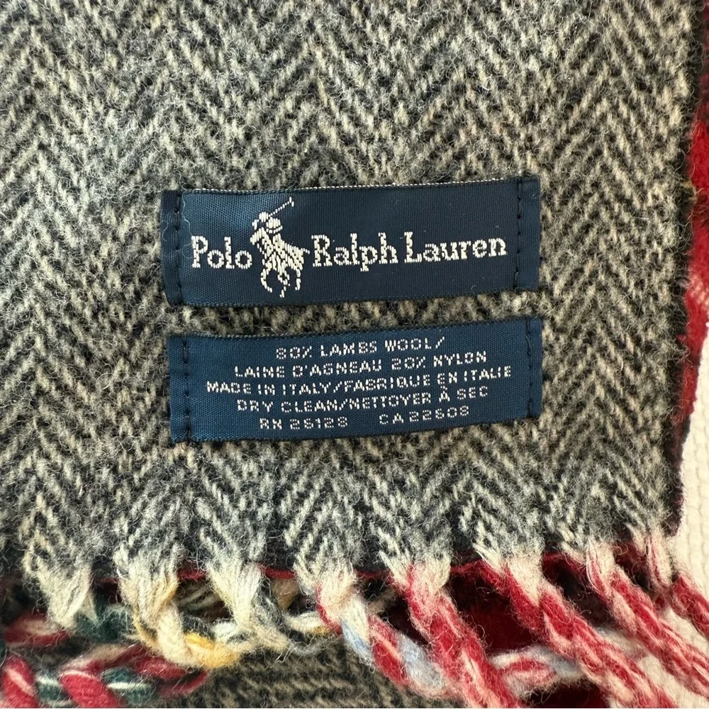 Polo Ralph Lauren 80% Lambswool Reversible Scarf Herringbone Tartan Plaid Fringe